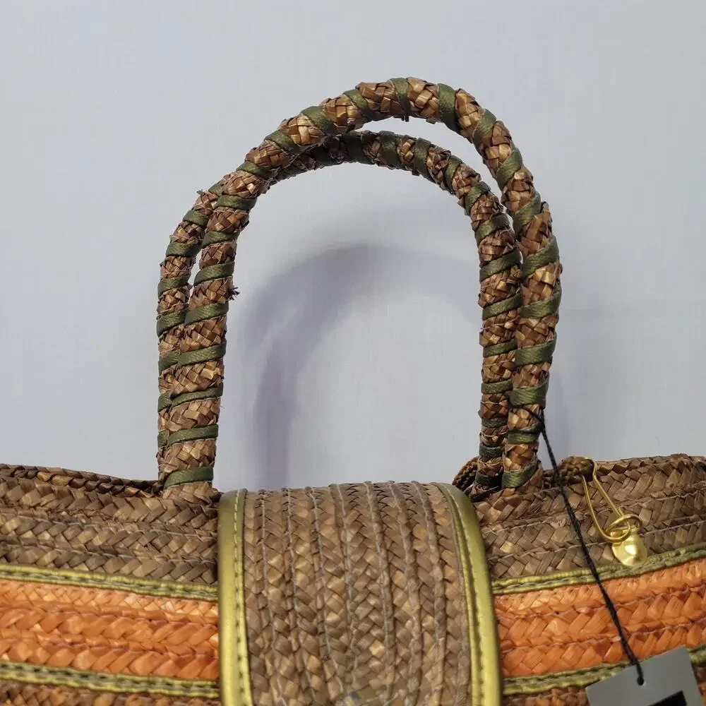Vintage 90s Striped Straw Shoulder Hand Bag Multicolor Boho Beachy Vacation, New